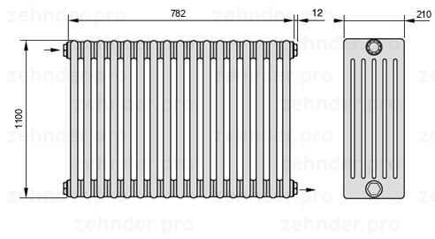 Схема (чертеж) Радиатор Zehnder Charleston 6110/17 №1670 Белый глянцевый RAL 9016